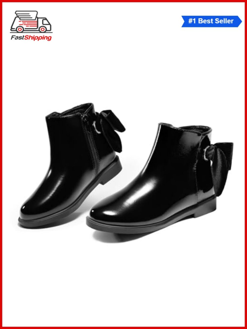 ✨ Girls Ankle Boots Bow Chunky Low Heel Side Zipper Faux Leather Dress Booties
